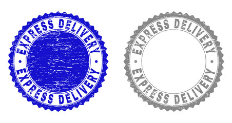 Grunge EXPRESS DELIVERY stamp seals isolated on a white background. Rosette seals with grunge texture in blue and grey colors. Vector rubber stamp imprint of EXPRESS DELIVERY tag inside round rosette.