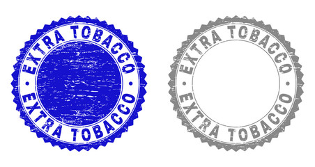 Grunge EXTRA TOBACCO stamp seals isolated on a white background. Rosette seals with grunge texture in blue and gray colors. Vector rubber stamp imprint of EXTRA TOBACCO title inside round rosette.