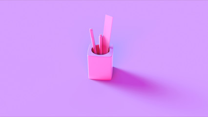 Pink Desk Tidy with Pens and a Ruler 3d illustration 3d rendering