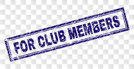 FOR CLUB MEMBERS stamp seal print with rubber print style and double framed rectangle shape. Stamp is placed on a transparent background.