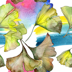 Ginkgo biloba green leaf plant floral foliage. Watercolor background illustration set. Seamless background pattern.