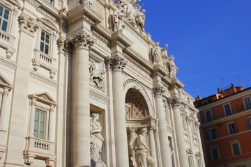Fototapeta premium Trevi fountain in the morning, Rome, Italy. Rome baroque architecture and landmark. Rome Trevi fountain is one of the main attractions of Rome and Italy