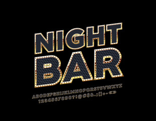 Luxury Emblem Night Bar. Vector Black Diamond Pattern with Gold Alphabet Letters, Numbers and Symbols. Bright chic Font. 