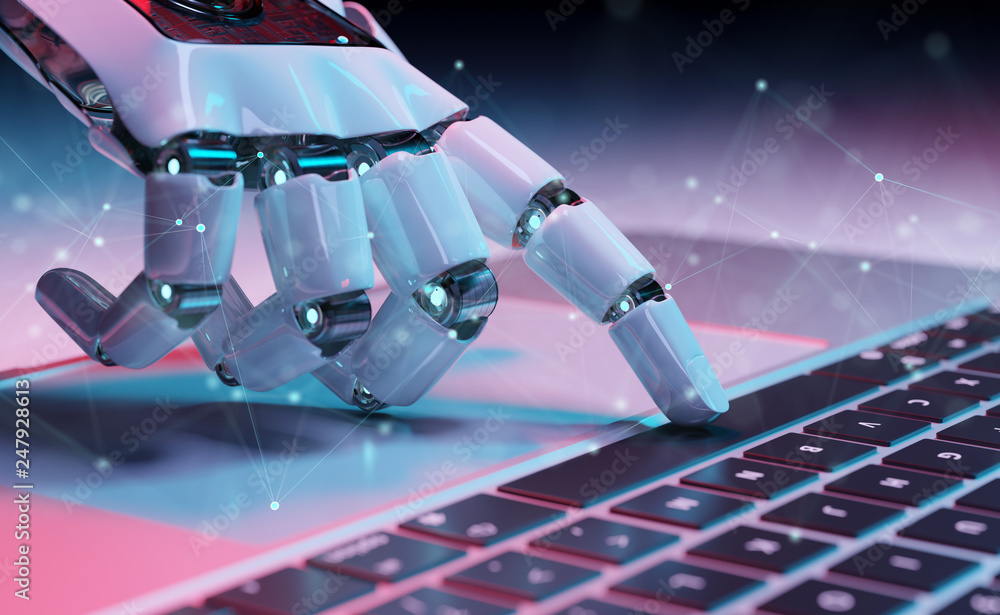 Aufkleber robotic hand pressing a keyboard on a laptop 3d rendering