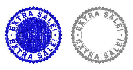 Grunge EXTRA SALE! stamp seals isolated on a white background. Rosette seals with grunge texture in blue and gray colors. Vector rubber stamp imitation of EXTRA SALE! tag inside round rosette.
