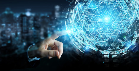 Businessman using digital triangle exploding sphere hologram 3D rendering