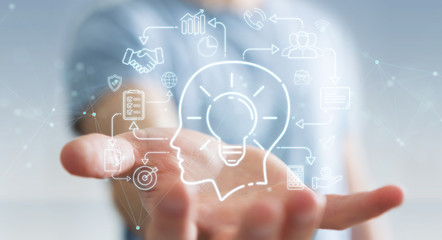 Businessman using thin line icon project plan presentation