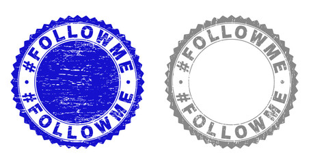 Grunge #FOLLOWME stamp seals isolated on a white background. Rosette seals with distress texture in blue and grey colors. Vector rubber watermark of #FOLLOWME tag inside round rosette.