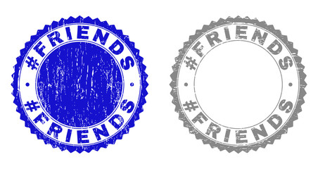 Grunge #FRIENDS stamp seals isolated on a white background. Rosette seals with grunge texture in blue and grey colors. Vector rubber stamp imprint of #FRIENDS caption inside round rosette.