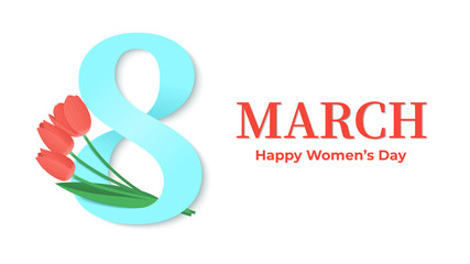 8 march. International Women's Day. Flyer or banner for March 8. Paper number 8 with bouquet of tulips. Vector illustration