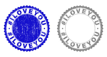 Grunge #ILOVEYOU stamp seals isolated on a white background. Rosette seals with grunge texture in blue and gray colors. Vector rubber stamp imprint of #ILOVEYOU tag inside round rosette.
