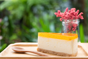 Passion fruit cheesecake serve on wood tay and wooden table with dried flower vase green nature background