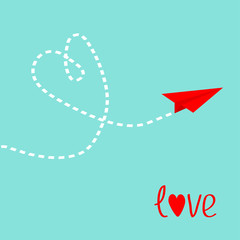 Red origami paper plane. Dash heart in the sky. Love card. Happy Valentines Day. Flat design. Isolated. Blue background.
