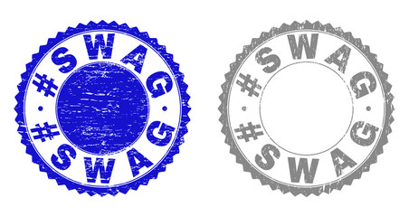 Grunge #SWAG stamp seals isolated on a white background. Rosette seals with grunge texture in blue and grey colors. Vector rubber stamp imitation of #SWAG title inside round rosette.