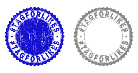 Grunge #TAGFORLIKES stamp seals isolated on a white background. Rosette seals with grunge texture in blue and grey colors. Vector rubber stamp imprint of #TAGFORLIKES text inside round rosette.