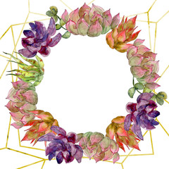 Jungle botanical succulent floral botanical flower. Watercolor background illustration set. Frame border ornament square.