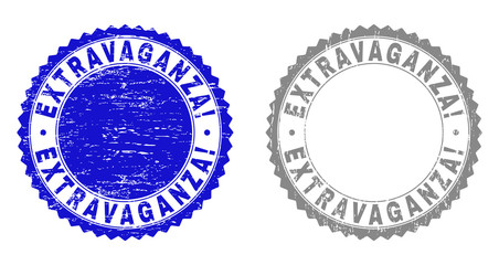 Grunge EXTRAVAGANZA! stamp seals isolated on a white background. Rosette seals with grunge texture in blue and grey colors. Vector rubber watermark of EXTRAVAGANZA! tag inside round rosette.