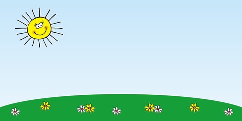 Blank banner, meadow and sun, vector illustration