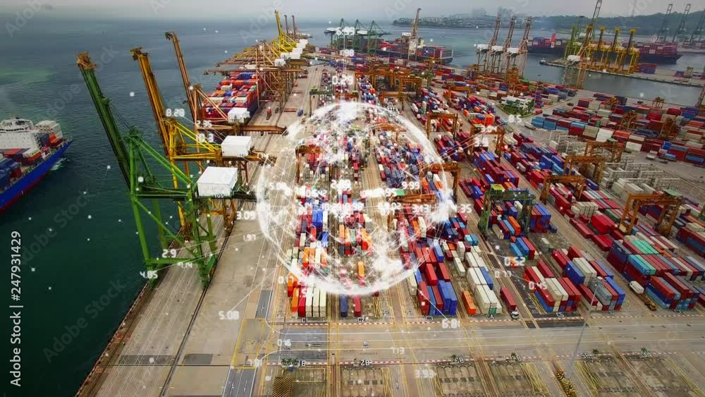 Aufkleber aerial view of shipping dock with rotating globe