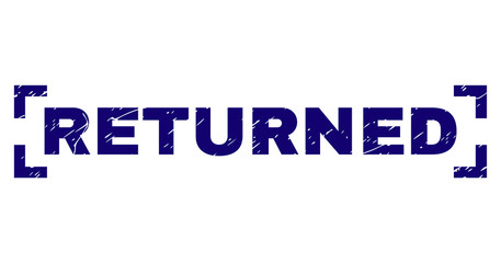 RETURNED title seal print with distress texture. Text label is placed inside corners. Blue vector rubber print of RETURNED with grunge texture.