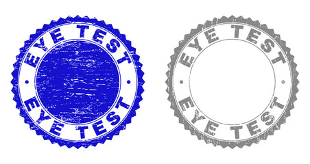 Grunge EYE TEST stamp seals isolated on a white background. Rosette seals with distress texture in blue and gray colors. Vector rubber stamp imitation of EYE TEST text inside round rosette.
