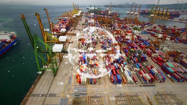 Aerial view of shipping dock with rotating globe