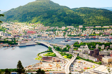 Bergen, Norway, panorama of the city from the Floyen mountain. From the Floyen mountains observation deck offers magnificent views of the city, the whole of Bergen at a glance. The city lies surrounde