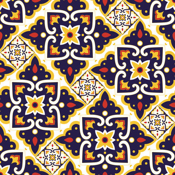 Spanish tile pattern seamless vector with vintage motifs. Portuguese azulejos, mexican talavera, italian sicily majolica, moroccan ornaments. Ceramic texture for kitchen wall or bathroom floor.