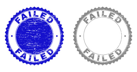 Grunge FAILED stamp seals isolated on a white background. Rosette seals with distress texture in blue and gray colors. Vector rubber stamp imprint of FAILED caption inside round rosette.