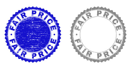 Grunge FAIR PRICE stamp seals isolated on a white background. Rosette seals with grunge texture in blue and grey colors. Vector rubber stamp imitation of FAIR PRICE text inside round rosette.