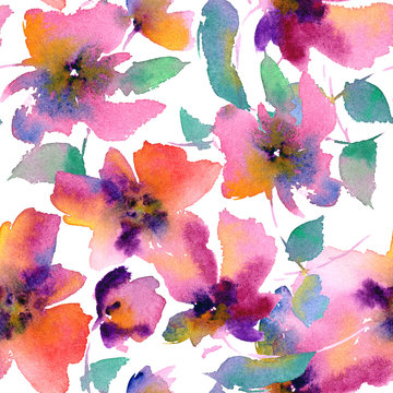 Seamless floral pattern. Watercolor purple flowers. Floral background.
