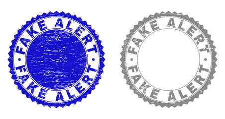 Grunge FAKE ALERT stamp seals isolated on a white background. Rosette seals with distress texture in blue and grey colors. Vector rubber stamp imprint of FAKE ALERT title inside round rosette.