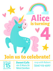 Cute vector birthday invitaition with cute unicorn