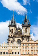 Tyn Church in Prague. Church of the Virgin Mary in front of Tyn on Old Town Square. Architecture of Prague old town