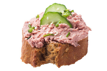 Sandwiches with chicken pate and cucumber isolated on white.