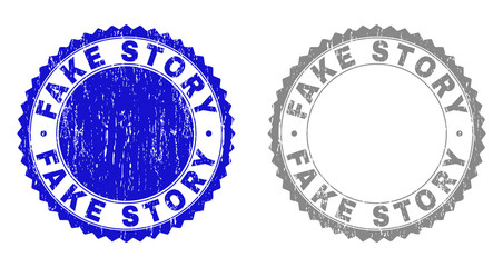 Grunge FAKE STORY stamp seals isolated on a white background. Rosette seals with grunge texture in blue and gray colors. Vector rubber overlay of FAKE STORY label inside round rosette.