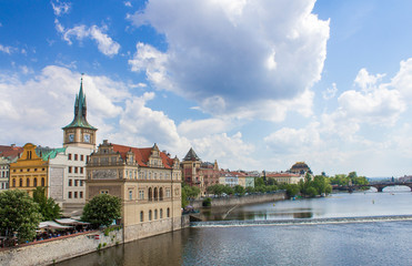 View from Charles Bridge in Prague. Bedrich Smetana Museum. Architecture of Prague old town