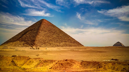 Panoramic view to Bent Pyramid of Sneferu Pharao and Red satellite Pyramid at Dahhsur, Cairo, Egypt