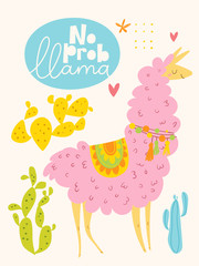 Vector poster or card with cute cartoon lama and cacti