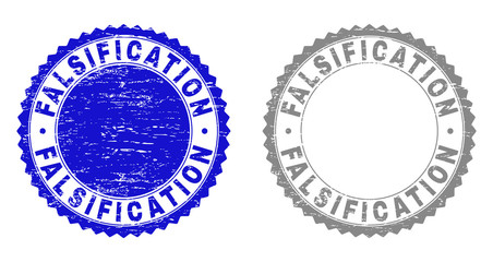 Grunge FALSIFICATION stamp seals isolated on a white background. Rosette seals with grunge texture in blue and grey colors. Vector rubber overlay of FALSIFICATION tag inside round rosette.