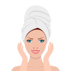 Woman with a towel on her head touching her face after beauty mask. SPA beauty and health concept. Skin care . Relaxation Vector illustration in flat style