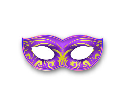 Mardi Gras mask pink color with decorative floral element. Authentic Venetian painted Carnival Face Mask. Masquerade realistic colorful party decoration with a shadow isolated on white background.