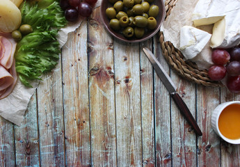cheese plate. breakfast. table setting. Flat lay concept.
