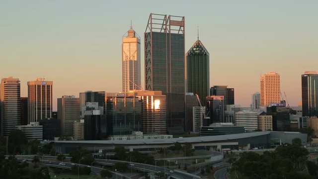 Perth skyline at sunset, Australia on a sunny day with blue sky