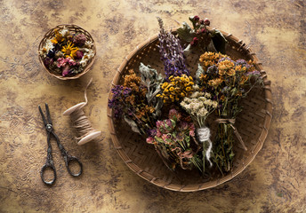 Herbal medicine concept. Dried herbs and flowers for herbal tea, top view