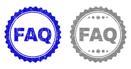 Grunge FAQ stamp seals isolated on a white background. Rosette seals with grunge texture in blue and gray colors. Vector rubber stamp imitation of FAQ tag inside round rosette.