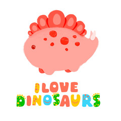 Kawaii dinosaur and Lettering I love dinosaurs. Vector illustration. Textured effect pencil, acrylic