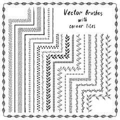 Set of decorative vector pattern brushes with inner and outer corner tiles. Hand drawn ink illustration.