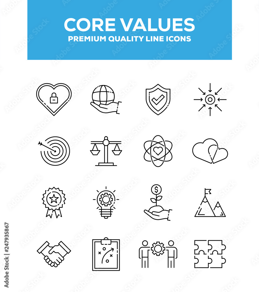 Poster core values line icon set concept