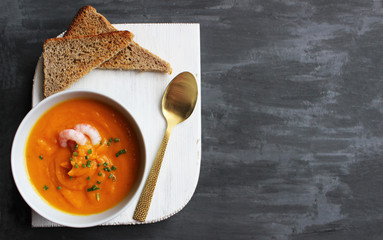 pumpkin cream soup. Table setting. dinner. cook at home. Flat lay concept.